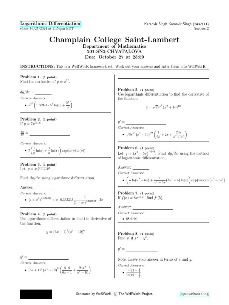 201-SN2-CHVATALOVA 2432111 Logarithmic - Differentiation | PDF ...