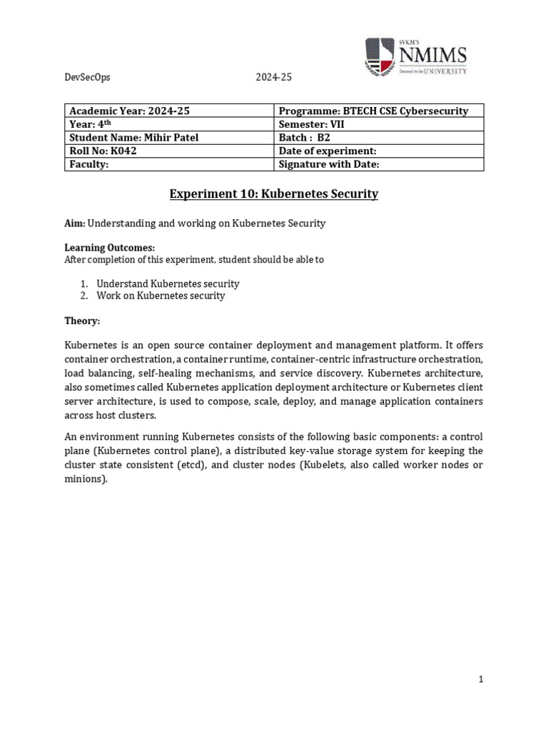 Lab 10 - Kubernetes Security - Mihirpatel - k042 | PDF | Computing ...