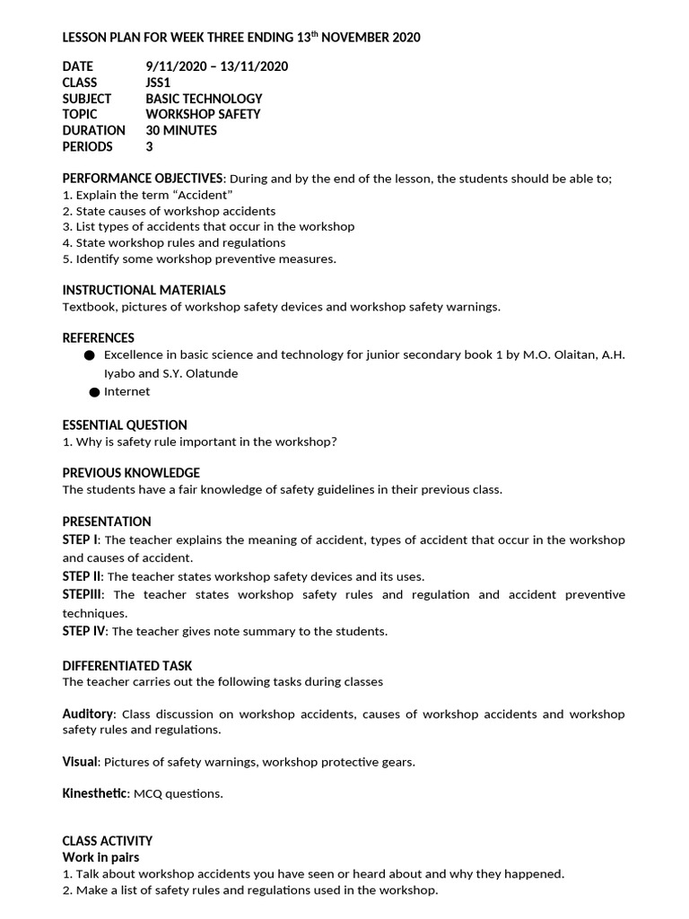 Basic Tech Lesson Plan Pdf Personal Protective Equipment Safety