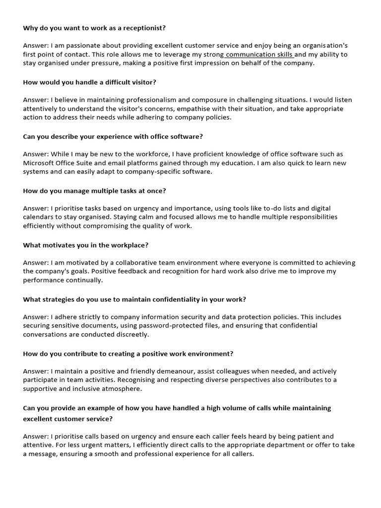 Why Do You Want To Work As A Receptionist Pdf Communication