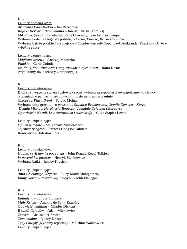 Lista Lektur Szkolnych 2017 Lista Lektur | PDF