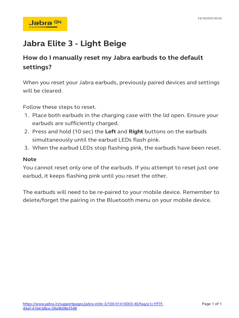 How Do I Manually Reset My Jabra Earbuds To The Default Settings | PDF ...