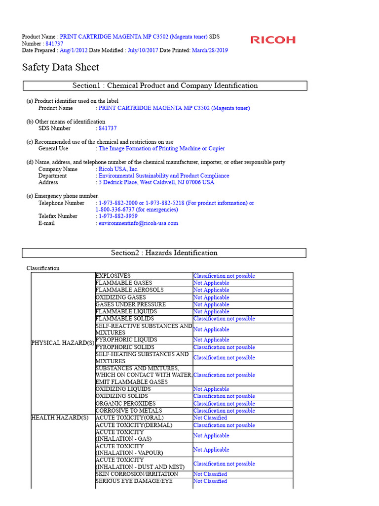 Magenta Toner SDS for Ricoh MP C3502 | PDF | Toxicity | Occupational ...