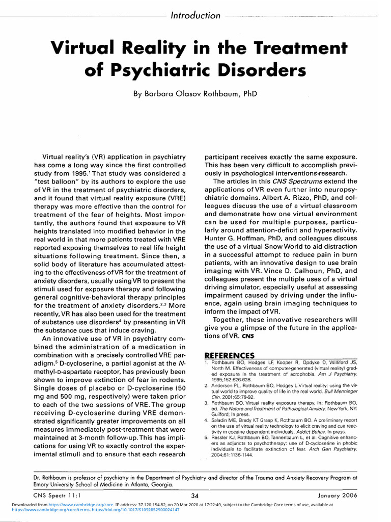 Virtual Reality in The Treatment of Psychiatric Disorders | PDF ...