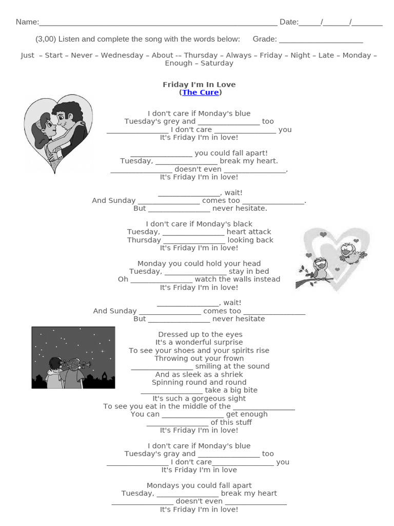Friday Im in Love The Cure Activities With Music Songs Nursery Rhymes ...