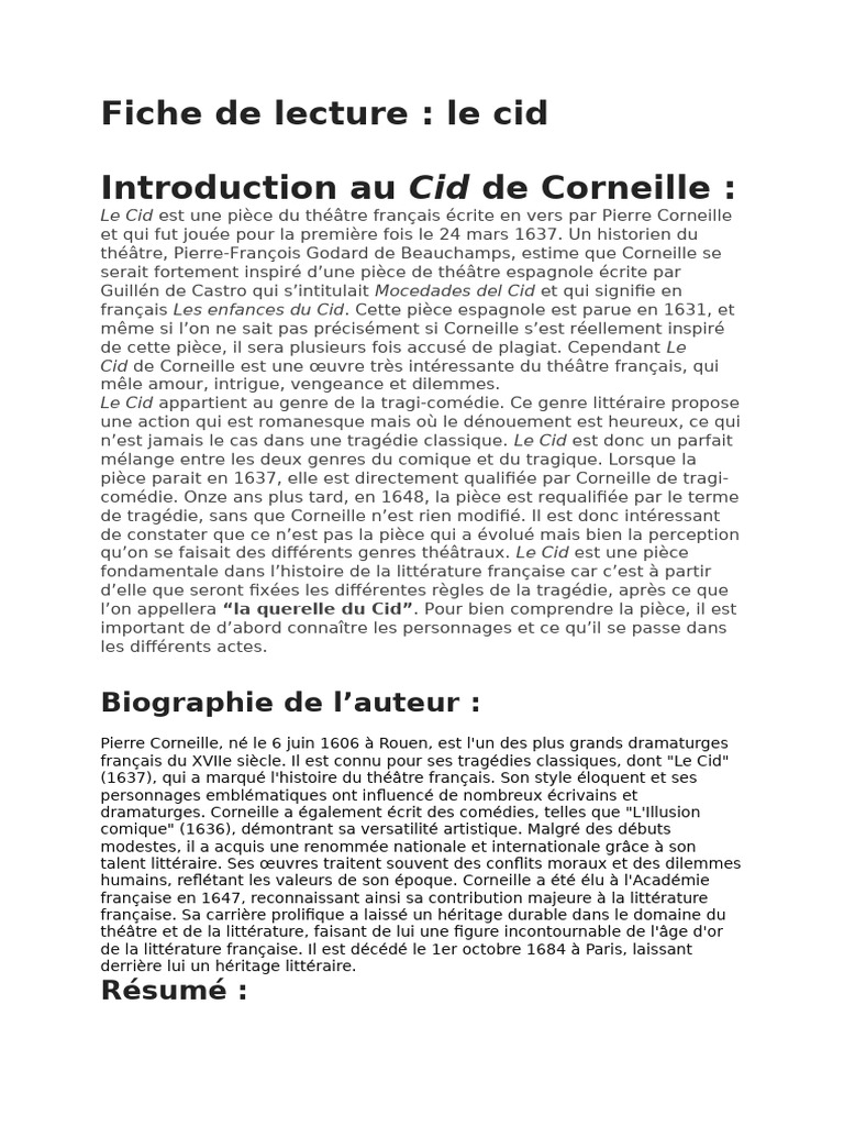 Fiche de lecture sur Le Cid de Corneille | PDF | Mystère, thriller et ...