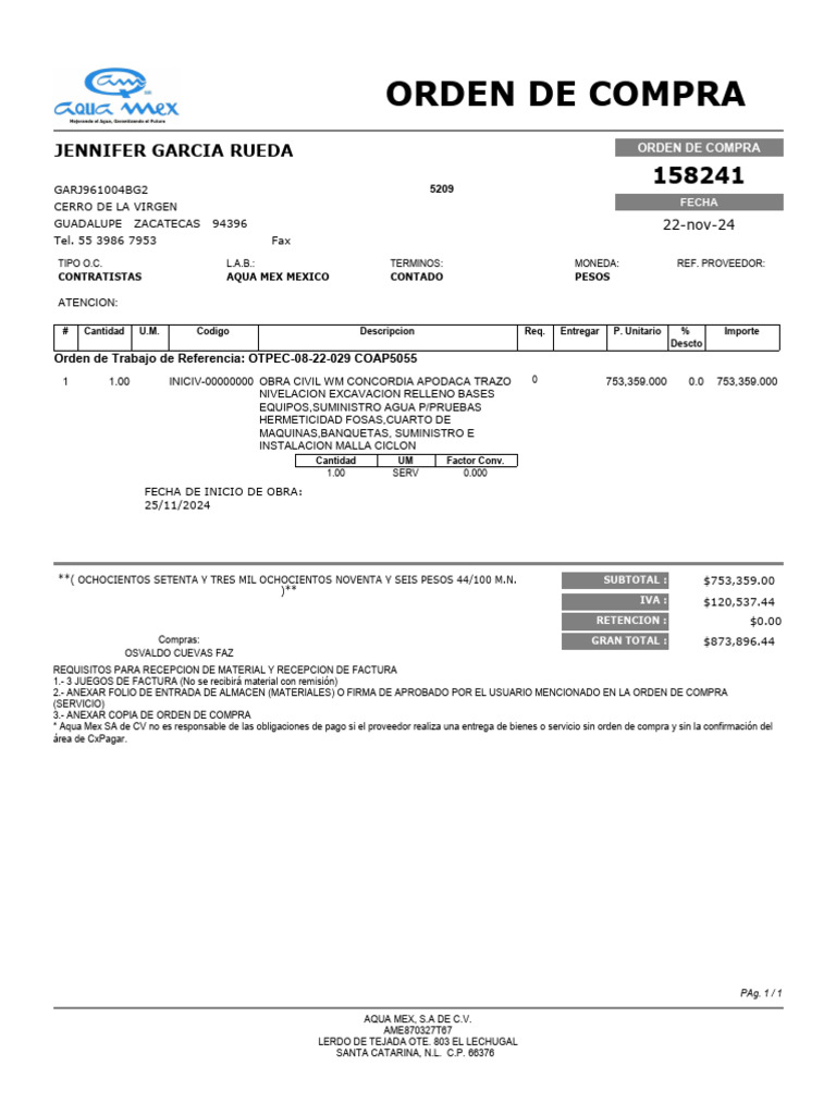 Orden de Compra Aqua Mex - Obra Civil | PDF