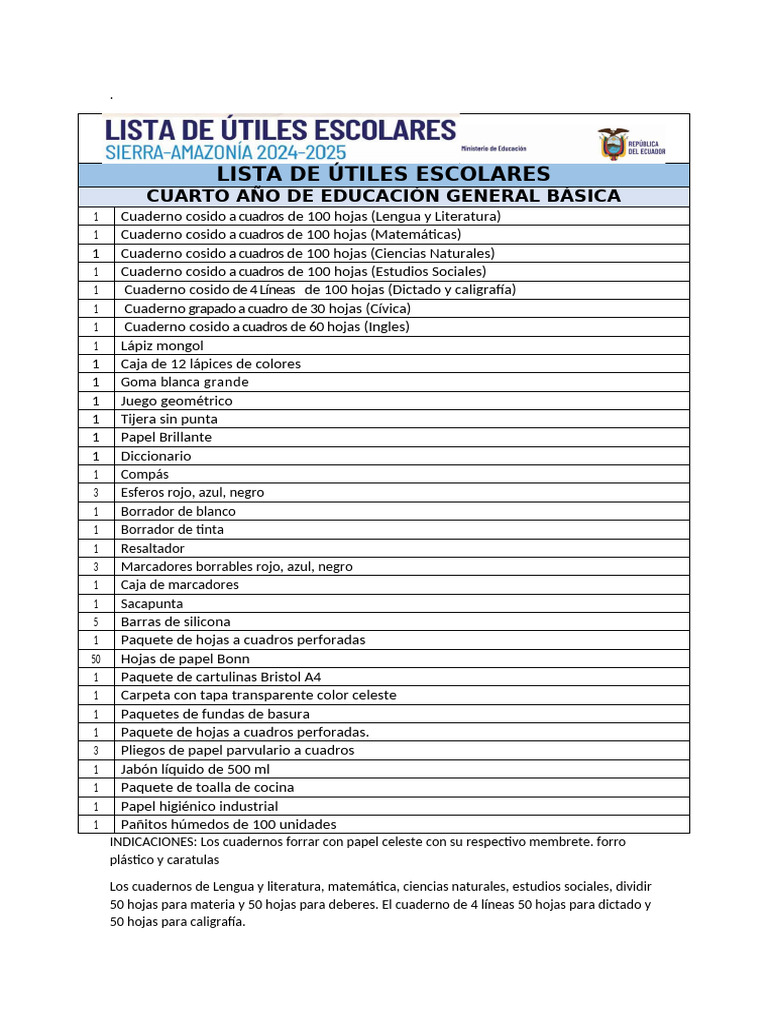Lista de Útiles Escolares Cuarto Grado | PDF