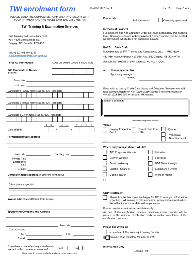 TWI Enrolment Form for Examinations | PDF | Nondestructive Testing ...