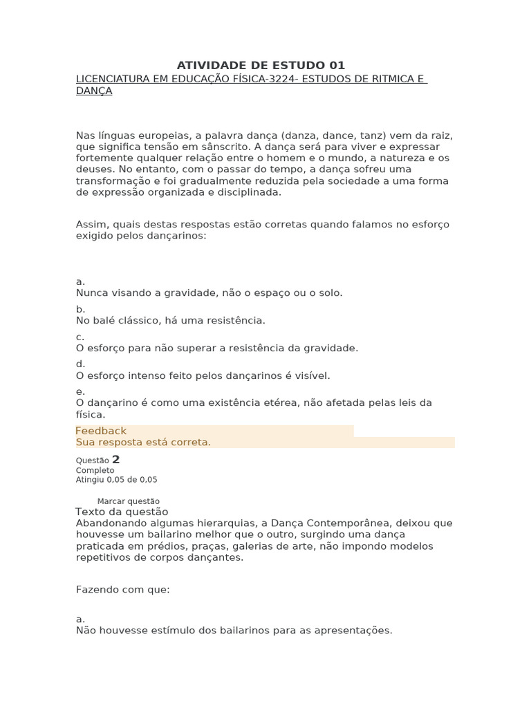 Atividade De Estudo 01 Pdf Danças