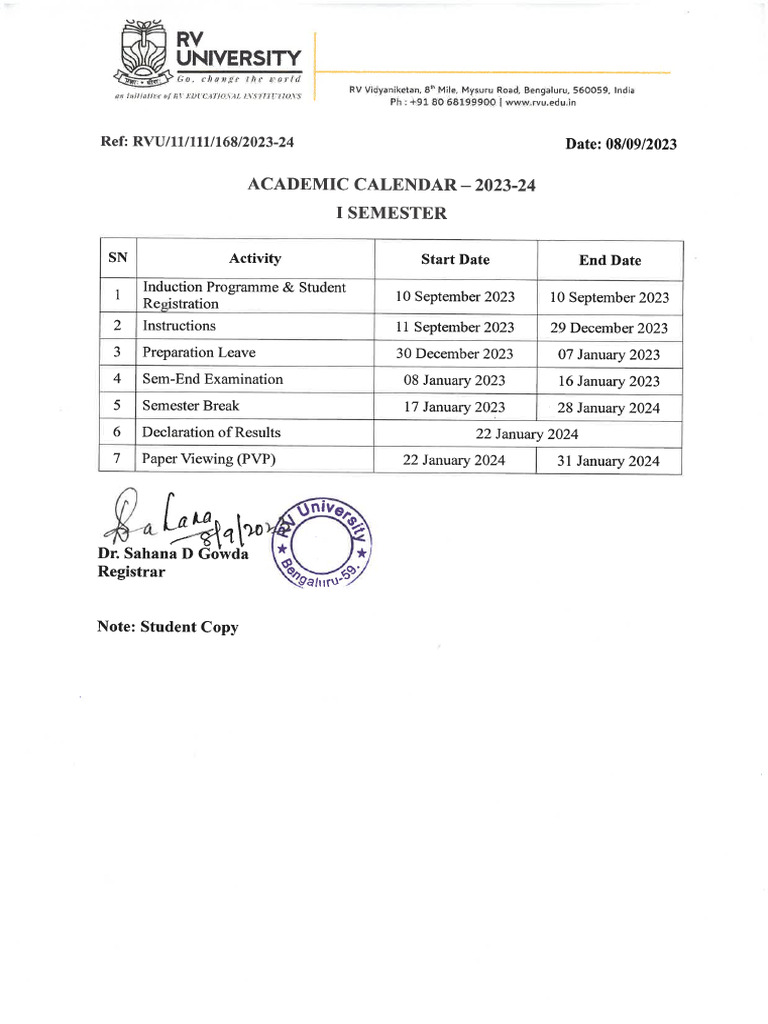 BTech Hons Academic Calendar Student PDF