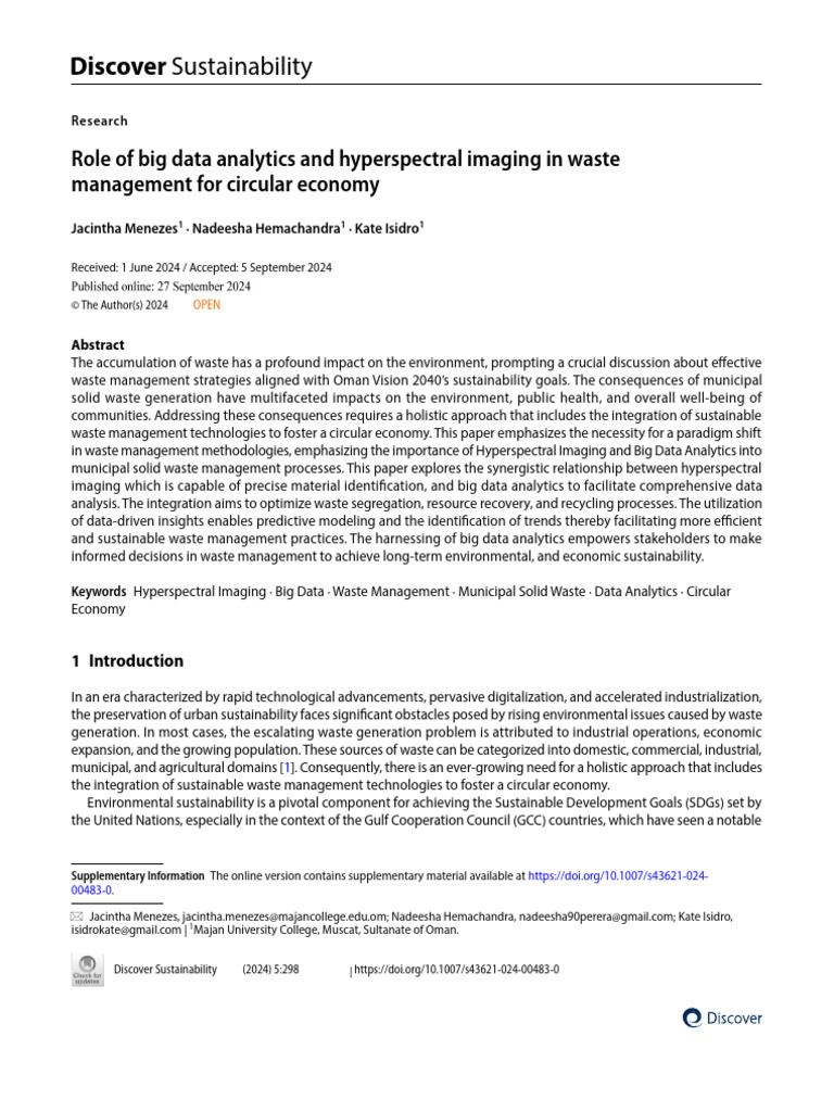 Role of Big Data Analytics and Hyperspectral Imaging in Waste | PDF ...
