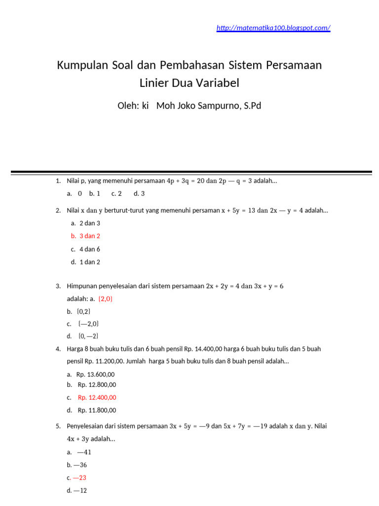 Soal dan Pembahasan SPLDV Kelas 9 | PDF | Metode & Bahan Ajar
