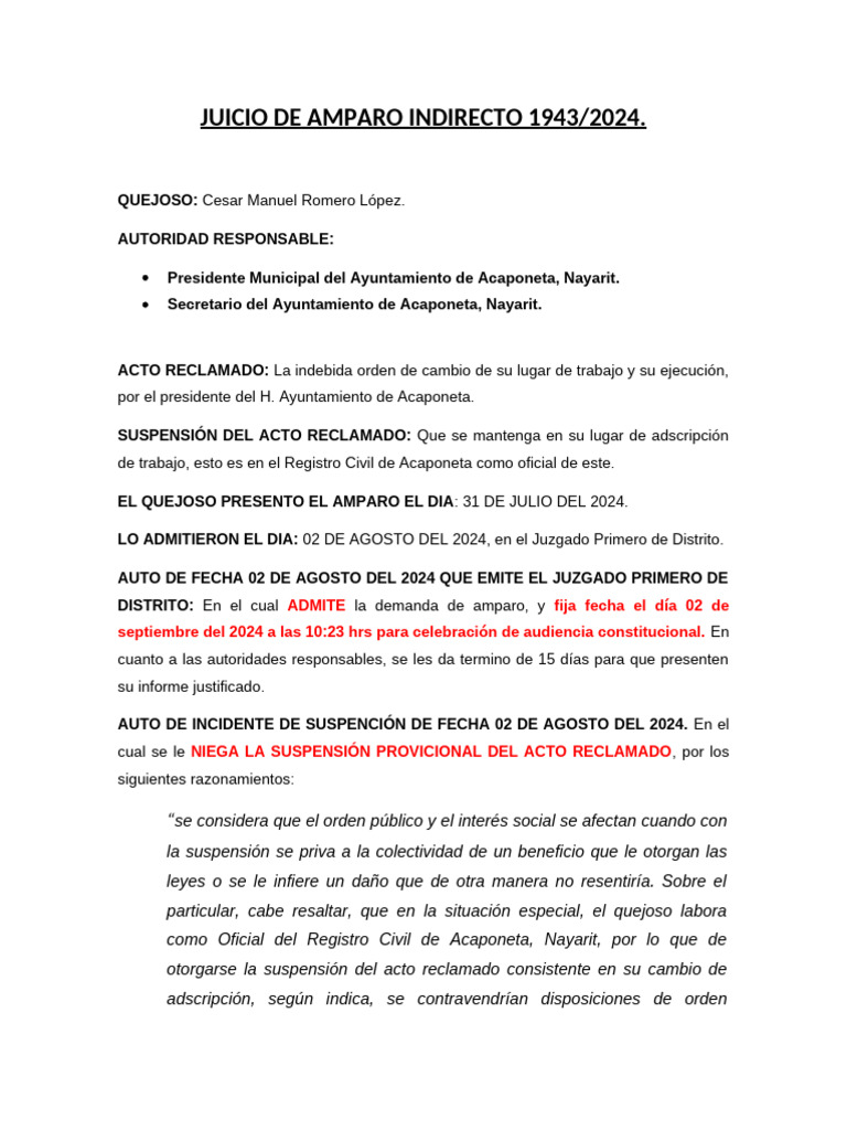 Juicio de Amparo Indirecto 1943-2024 | PDF | Gobierno | Justicia