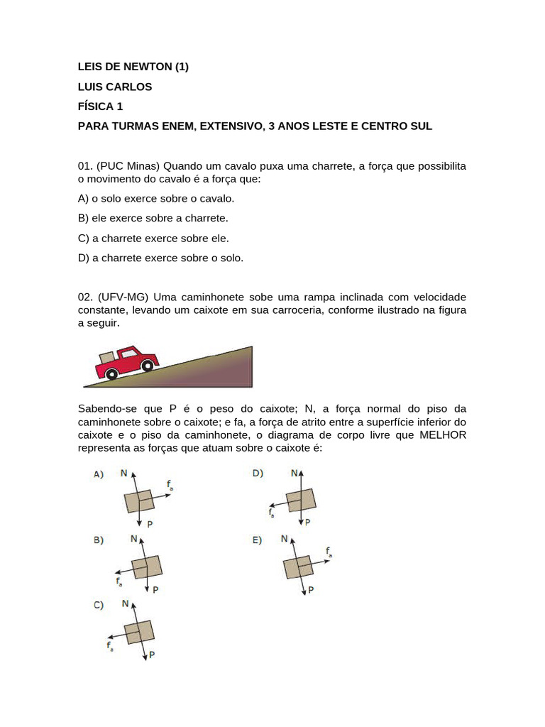Exercícios sobre as Leis de Newton | PDF | Força | Leis do Movimento de ...