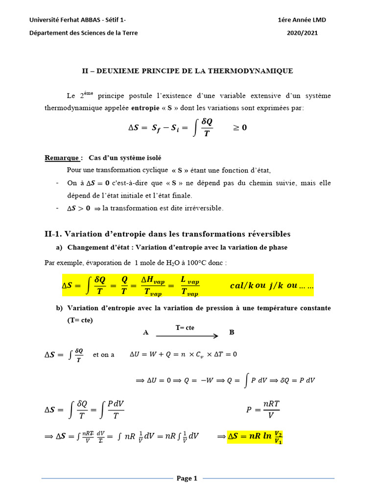 Deuxième principe de la thermodynamique | PDF | Entropie | Enthalpie libre