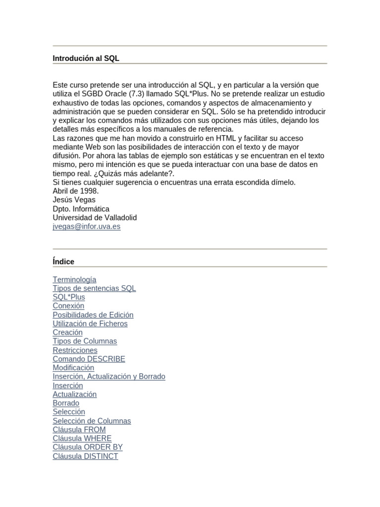 Introducción a SQL y SQL*Plus en Oracle | PDF | SQL | Bases de datos
