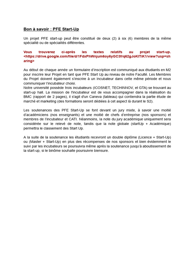 PFE Start-Up : Inscription et Soutenance | PDF