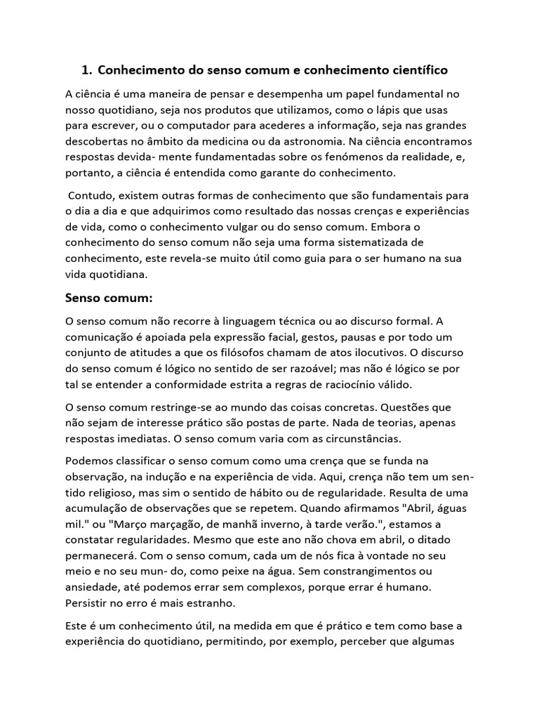 Diferenças entre Senso Comum e Ciência | PDF | Science | Teoria