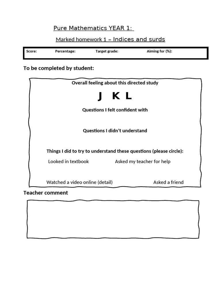 Marked Homework 1: Pure Mathematics YEAR 1: - Indices and Surds | PDF ...