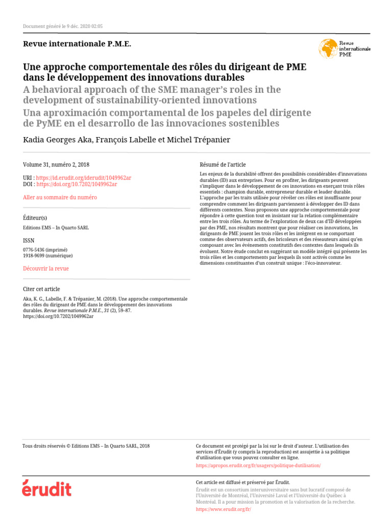 Rôles des dirigeants de PME en l'innovation durable | PDF ...