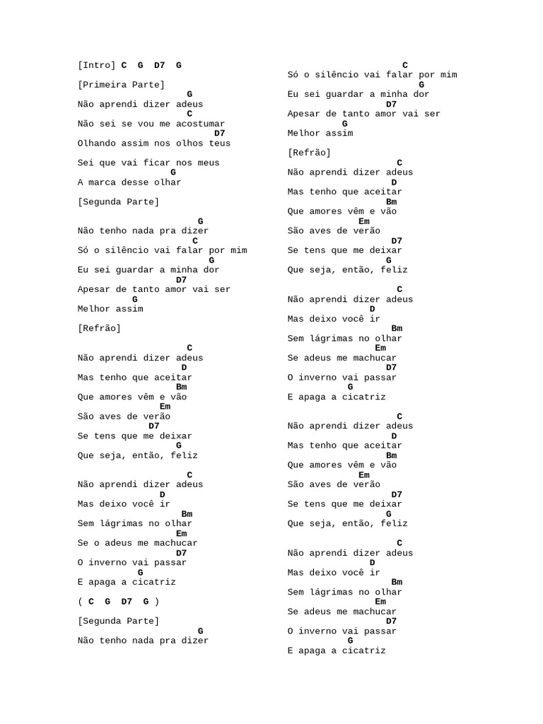 Não Aprendi Dizer Adeus - Letra e Cifras | PDF