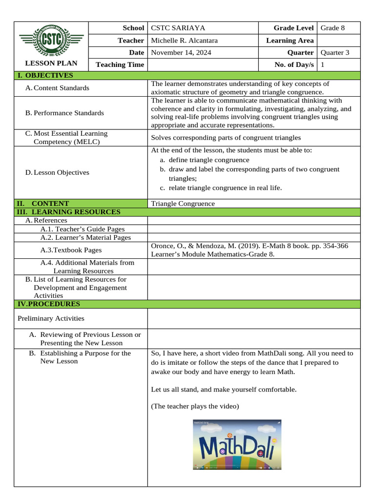 Grade 8 Triangle Congruence Lesson Plan | PDF | Triangle | Learning