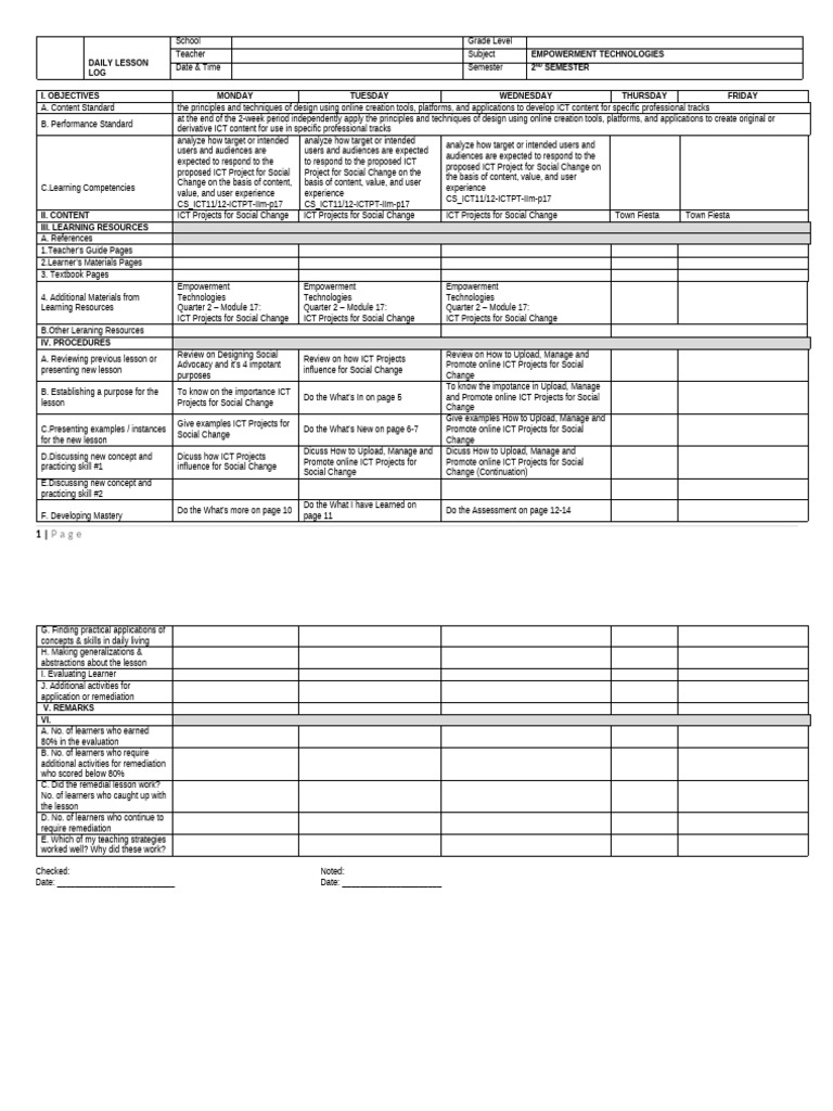 Daily Lesson Log: Empowerment Tech | PDF | Educational Technology ...