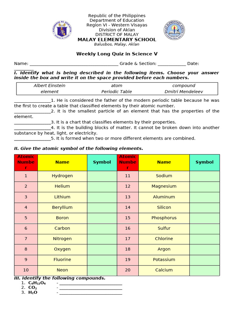Weekly Science Quiz for Grade 5 | PDF | Chemical Elements | Periodic Table