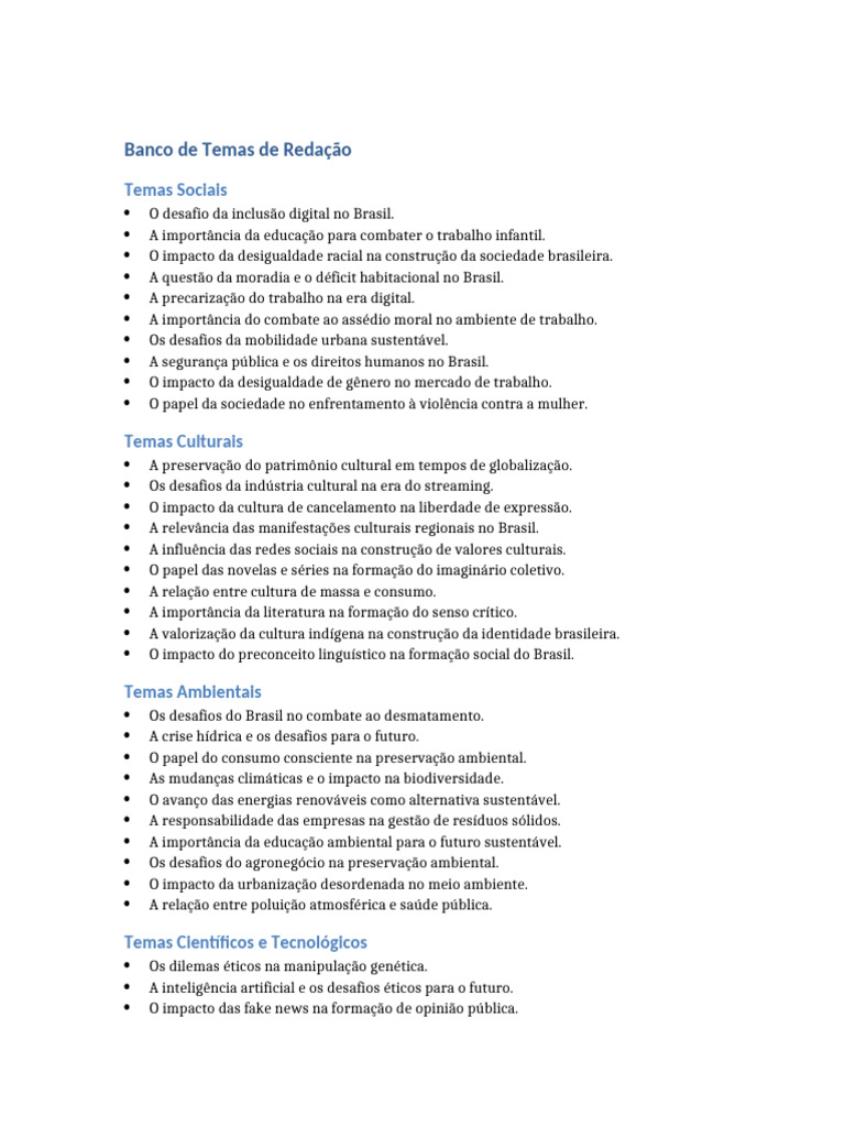 Banco de Temas de Redação | PDF | Brasil | Sustentabilidade