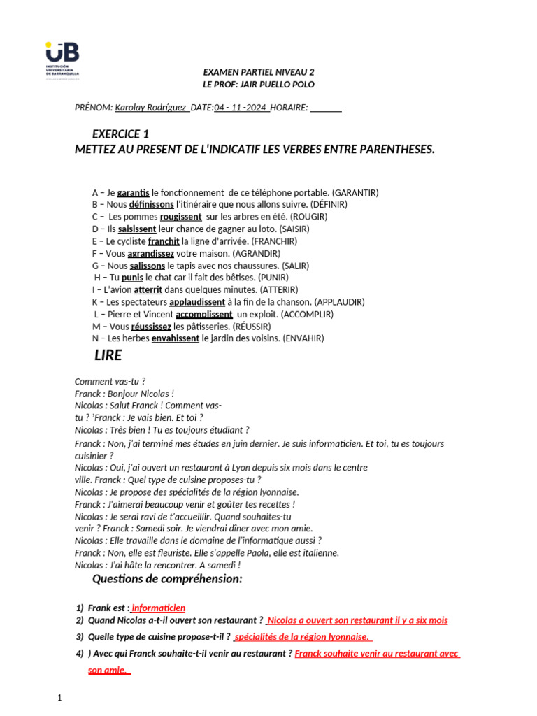 Examen Partiel Niveau 2 - Français | PDF | Préparation de nourriture et ...