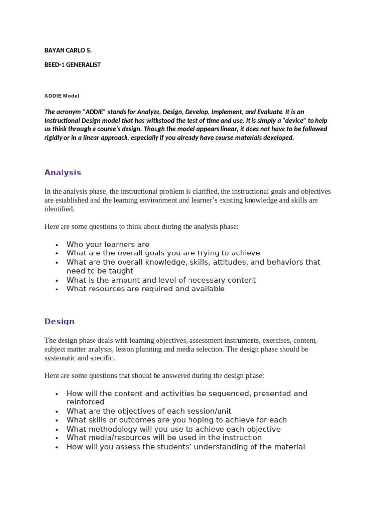 ADDIE Model for Instructional Design | PDF | Instructional Design ...