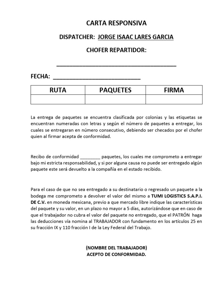 Carta Responsiva de Entrega de Paquetes | PDF | Finanzas y dinero