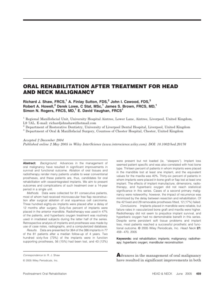 Oral Rehabilitation After Treatment For Head and Neck Malignancy (Etc ...