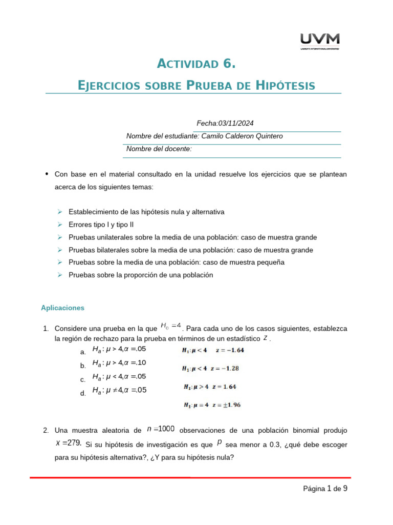 Ejercicios de Prueba de Hipótesis en Estadística | PDF | Hipótesis ...