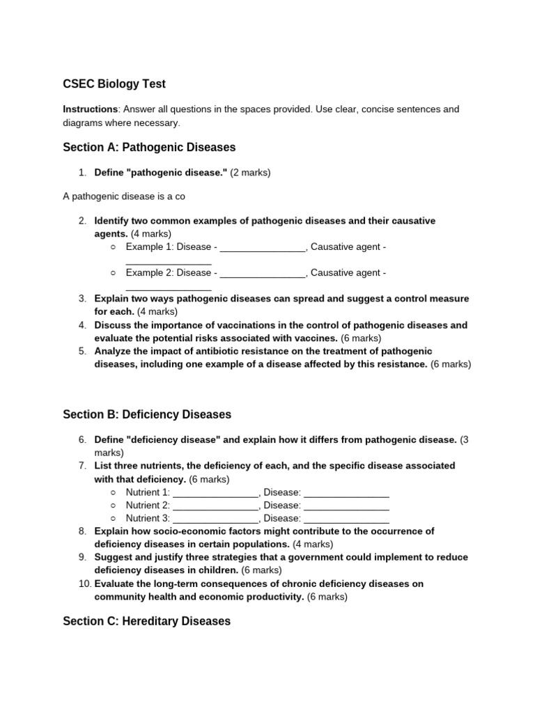 CSEC Biology Test | PDF | Genetic Disorder | Infection