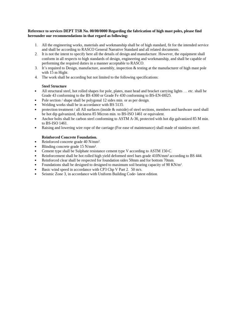 Light Pole Specifications | PDF | Technology & Engineering
