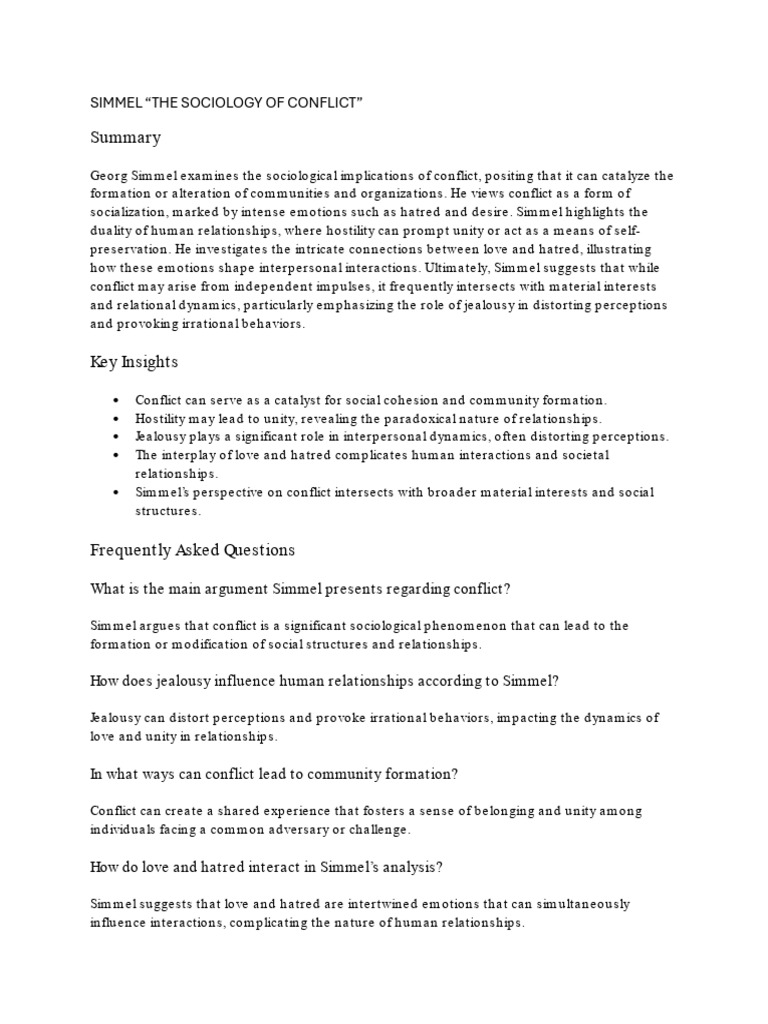 Simmel - The Sociology of Conflict - Highlighted Summary | PDF