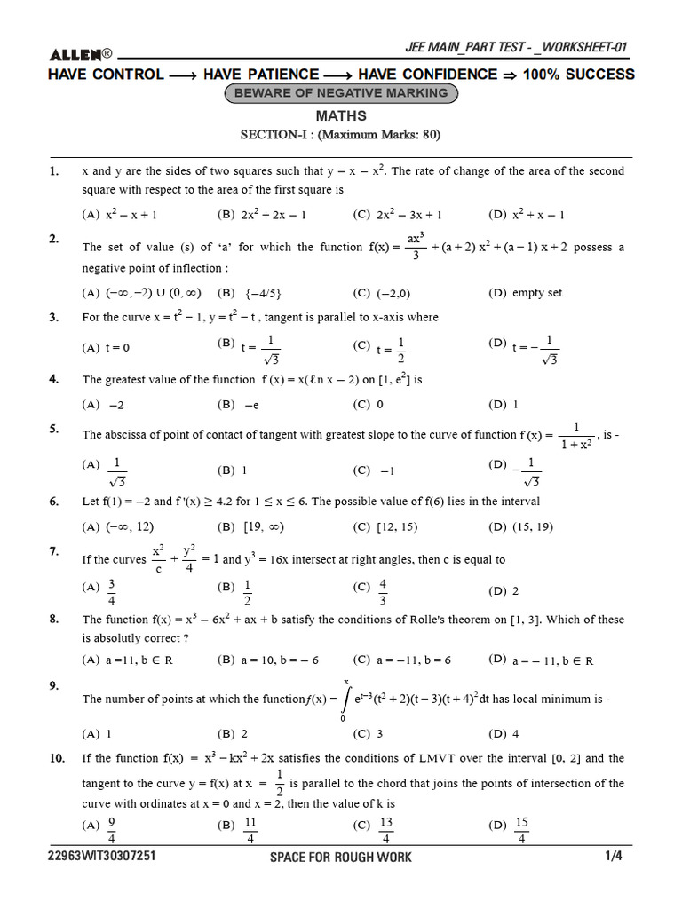 JEE Main Math Worksheet 2024-2025 | PDF | Function (Mathematics) | Tangent