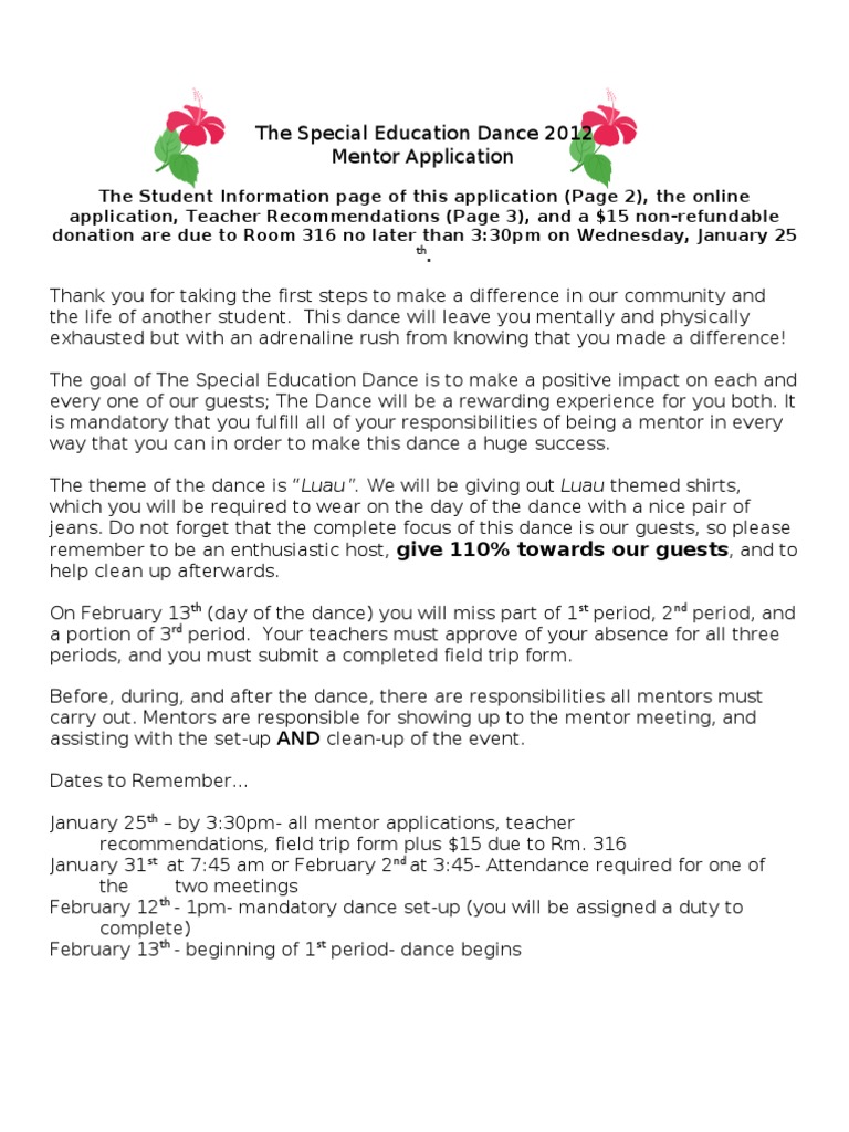 Special Education Dance 2012 Mentor Application | PDF | Cognition ...