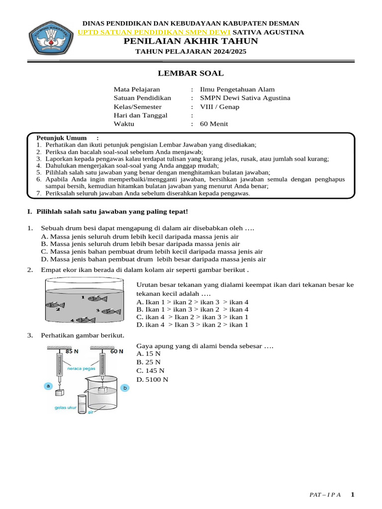 <p><strong>Menaklukkan PAT Matematika Kelas 8 Semester 2</strong></p>
<p>” title=”</p>
<p><strong>Menaklukkan PAT Matematika Kelas 8 Semester 2</strong></p>
<p>“></p>
<p><strong>Pendahuluan</strong></p>
<ul>
<li>Pentingnya PAT Matematika Kelas 8 Semester 2.</li>
<li>Tujuan artikel: Memberikan gambaran soal dan strategi pengerjaan.</li>
<li>Cakupan materi yang akan dibahas.</li>
</ul>
</li>
<li>
<p><strong>Materi Pokok dan Contoh Soal</strong></p>
<ul>
<li><strong>Bangun Ruang Sisi Datar</strong>
<ul>
<li>Konsep dasar: Kubus, balok, prisma, limas.</li>
<li>Rumus luas permukaan dan volume.</li>
<li>Contoh soal 1: Menghitung luas permukaan balok.</li>
<li>Contoh soal 2: Menghitung volume prisma segitiga.</li>
<li>Contoh soal 3: Menghitung luas permukaan limas persegi.</li>
<li>Contoh soal 4: Aplikasi volume bangun ruang dalam kehidupan sehari-hari.</li>
</ul>
</li>
<li><strong>Statistika</strong>
<ul>
<li>Konsep dasar: Data tunggal dan berkelompok.</li>
<li>Ukuran pemusatan data: Mean, median, modus.</li>
<li>Ukuran penyebaran data: Jangkauan, kuartil, desil, persentil.</li>
<li>Penyajian data: Tabel, diagram batang, diagram lingkaran, histogram.</li>
<li>Contoh soal 5: Menghitung mean, median, dan modus dari data tunggal.</li>
<li>Contoh soal 6: Menentukan kuartil dari data berkelompok.</li>
<li>Contoh soal 7: Interpretasi diagram batang.</li>
<li>Contoh soal 8: Membuat diagram lingkaran dari data.</li>
</ul>
</li>
<li><strong>Peluang Suatu Kejadian</strong>
<ul>
<li>Konsep dasar: Ruang sampel, kejadian, peluang empirik, peluang teoritik.</li>
<li>Rumus peluang.</li>
<li>Peluang kejadian majemuk (opsional, tergantung kurikulum).</li>
<li>Contoh soal 9: Menghitung peluang munculnya mata dadu tertentu.</li>
<li>Contoh soal 10: Menghitung peluang terambilnya kartu dari seperangkat kartu.</li>
<li>Contoh soal 11: Menghitung peluang dalam percobaan pelemparan koin.</li>
<li>Contoh soal 12: Aplikasi peluang dalam konteks sederhana.</li>
</ul>
</li>
</ul>
</li>
<li>
<p><strong>Tips dan Strategi Menghadapi PAT</strong></p>
<ul>
<li>Memahami konsep dasar dengan baik.</li>
<li>Latihan soal secara rutin.</li>
<li>Menganalisis kesalahan.</li>
<li>Manajemen waktu saat ujian.</li>
<li>Membaca soal dengan cermat.</li>
<li>Teknik menjawab soal pilihan ganda dan esai.</li>
</ul>
</li>
<li>
<p><strong>Penutup</strong></p>
<ul>
<li>Ringkasan pentingnya persiapan.</li>
<li>Pesan motivasi untuk siswa.</li>
</ul>
</li>
</ol>
<p><strong>Menaklukkan PAT Matematika Kelas 8 Semester 2</strong></p>
<p>Penilaian Akhir Tahun (PAT) Matematika Kelas 8 Semester 2 menjadi momen krusial bagi setiap siswa untuk mengevaluasi sejauh mana pemahaman mereka terhadap materi yang telah diajarkan. Persiapan yang matang dan strategi yang tepat akan sangat membantu dalam meraih hasil yang memuaskan. Artikel ini hadir untuk memberikan panduan komprehensif melalui contoh-contoh soal PAT Matematika Kelas 8 Semester 2 beserta pembahasan mendalam, sehingga siswa dapat mempersiapkan diri dengan lebih percaya diri dan efektif. Kita akan menjelajahi berbagai topik penting, mulai dari bangun ruang sisi datar, statistika, hingga peluang suatu kejadian, dengan fokus pada contoh soal yang sering muncul dan bagaimana cara menyelesaikannya.</p>
<h3>2. Materi Pokok dan Contoh Soal</h3>
<p>Bagian ini akan menguraikan materi-materi kunci yang biasanya diujikan dalam PAT Matematika Kelas 8 Semester 2, disertai dengan contoh soal beserta solusi langkah demi langkah.</p>
<h4><strong>2.1. Bangun Ruang Sisi Datar</strong></h4>
<p>Materi ini meliputi pemahaman mengenai berbagai bangun ruang seperti kubus, balok, prisma, dan limas, serta kemampuan menghitung luas permukaan dan volumenya.</p>
<ul>
<li>
<p><strong>Konsep Dasar:</strong></p>
<ul>
<li><strong>Kubus:</strong> Bangun ruang dengan enam sisi persegi yang kongruen.</li>
<li><strong>Balok:</strong> Bangun ruang dengan enam sisi persegi panjang.</li>
<li><strong>Prisma:</strong> Bangun ruang yang memiliki alas dan tutup berbentuk segi-n, serta sisi tegak berbentuk persegi panjang.</li>
<li><strong>Limas:</strong> Bangun ruang yang memiliki alas berbentuk segi-n dan titik puncak tunggal, serta sisi tegak berbentuk segitiga.</li>
</ul>
</li>
<li>
<p><strong>Rumus Penting:</strong></p>
<ul>
<li><strong>Luas Permukaan Kubus (Lp):</strong> $6 times s^2$ (s = panjang sisi)</li>
<li><strong>Volume Kubus (V):</strong> $s^3$</li>
<li><strong>Luas Permukaan Balok (Lp):</strong> $2 times (p times l + p times t + l times t)$ (p = panjang, l = lebar, t = tinggi)</li>
<li><strong>Volume Balok (V):</strong> $p times l times t$</li>
<li><strong>Luas Permukaan Prisma (Lp):</strong> $2 times Luas Alas + Keliling Alas times tinggi prisma$</li>
<li><strong>Volume Prisma (V):</strong> $Luas Alas times tinggi prisma$</li>
<li><strong>Luas Permukaan Limas (Lp):</strong> $Luas Alas + Luas Selimut$</li>
<li><strong>Volume Limas (V):</strong> $frac13 times Luas Alas times tinggi limas$</li>
</ul>
</li>
<li>
<p><strong>Contoh Soal 1: Menghitung Luas Permukaan Balok</strong><br />
Sebuah balok memiliki panjang 10 cm, lebar 8 cm, dan tinggi 5 cm. Hitunglah luas permukaan balok tersebut!</p>
<p><strong>Pembahasan:</strong><br />
Diketahui:<br />
Panjang (p) = 10 cm<br />
Lebar (l) = 8 cm<br />
Tinggi (t) = 5 cm</p>
<p>Menggunakan rumus luas permukaan balok:<br />
$Lp = 2 times (p times l + p times t + l times t)$<br />
$Lp = 2 times ((10 times 8) + (10 times 5) + (8 times 5))$<br />
$Lp = 2 times (80 + 50 + 40)$<br />
$Lp = 2 times (170)$<br />
$Lp = 340 text cm^2$</p>
<p>Jadi, luas permukaan balok tersebut adalah 340 cm$^2$.</p>
</li>
<li>
<p><strong>Contoh Soal 2: Menghitung Volume Prisma Segitiga</strong><br />
Sebuah prisma segitiga memiliki luas alas 30 cm$^2$ dan tinggi prisma 12 cm. Berapakah volume prisma tersebut?</p>
<p><strong>Pembahasan:</strong><br />
Diketahui:<br />
Luas Alas = 30 cm$^2$<br />
Tinggi prisma = 12 cm</p>
<p>Menggunakan rumus volume prisma:<br />
$V = Luas Alas times tinggi prisma$<br />
$V = 30 text cm^2 times 12 text cm$<br />
$V = 360 text cm^3$</p>
<p>Jadi, volume prisma segitiga tersebut adalah 360 cm$^3$.</p>
</li>
<li>
<p><strong>Contoh Soal 3: Menghitung Luas Permukaan Limas Persegi</strong><br />
Sebuah limas persegi memiliki panjang sisi alas 6 cm dan tinggi segitiga pada sisi tegak (tinggi sisi tegak) adalah 5 cm. Hitunglah luas permukaan limas tersebut!</p>
<p><strong>Pembahasan:</strong><br />
Diketahui:<br />
Panjang sisi alas (s) = 6 cm<br />
Tinggi sisi tegak (t$_s$) = 5 cm</p>
<p>Luas Alas = $s^2 = 6^2 = 36 text cm^2$</p>
<p>Untuk menghitung luas selimut, kita perlu luas satu segitiga sisi tegak. Luas segitiga = $frac12 times alas times tinggi$. Alas segitiga adalah sisi alas limas, dan tingginya adalah tinggi sisi tegak.<br />
Luas satu segitiga sisi tegak = $frac12 times 6 text cm times 5 text cm = 15 text cm^2$.</p>
<p>Karena limas persegi memiliki 4 sisi tegak segitiga yang kongruen, maka Luas Selimut = $4 times 15 text cm^2 = 60 text cm^2$.</p>
<p>Menggunakan rumus luas permukaan limas:<br />
$Lp = Luas Alas + Luas Selimut$<br />
$Lp = 36 text cm^2 + 60 text cm^2$<br />
$Lp = 96 text cm^2$</p>
<p>Jadi, luas permukaan limas persegi tersebut adalah 96 cm$^2$.</p>
</li>
<li>
<p><strong>Contoh Soal 4: Aplikasi Volume Bangun Ruang</strong><br />
Sebuah akuarium berbentuk balok dengan ukuran panjang 80 cm, lebar 40 cm, dan tinggi 50 cm. Jika akuarium tersebut diisi air hingga $frac34$ tingginya, berapakah volume air di dalam akuarium tersebut?</p>
<p><strong>Pembahasan:</strong><br />
Diketahui:<br />
Panjang (p) = 80 cm<br />
Lebar (l) = 40 cm<br />
Tinggi akuarium = 50 cm</p>
<p>Tinggi air = $frac34 times 50 text cm = frac1504 text cm = 37.5 text cm$</p>
<p>Volume air dihitung menggunakan rumus volume balok dengan tinggi air:<br />
$V<em>air = p times l times tinggi air$<br />
$V</em>air = 80 text cm times 40 text cm times 37.5 text cm$<br />
$V<em>air = 3200 text cm^2 times 37.5 text cm$<br />
$V</em>air = 120000 text cm^3$</p>
<p>Jadi, volume air di dalam akuarium tersebut adalah 120.000 cm$^3$.</p>
</li>
</ul>
<div style=