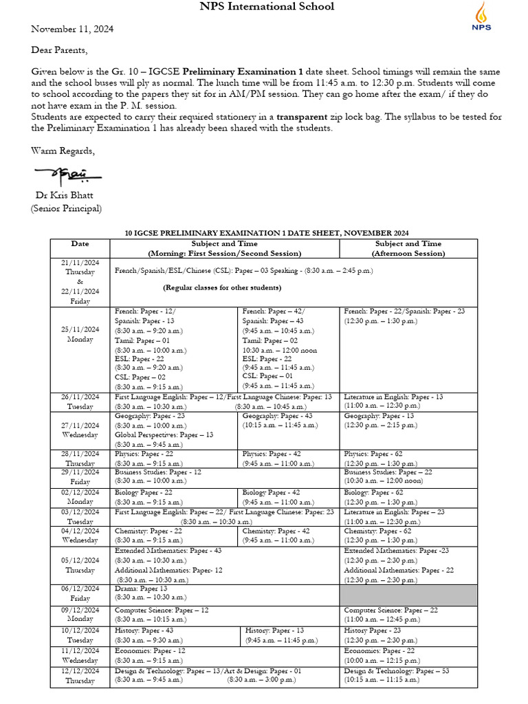 IGCSE Gr. 10 Exam Schedule November 2024 | PDF | Educational Assessment ...
