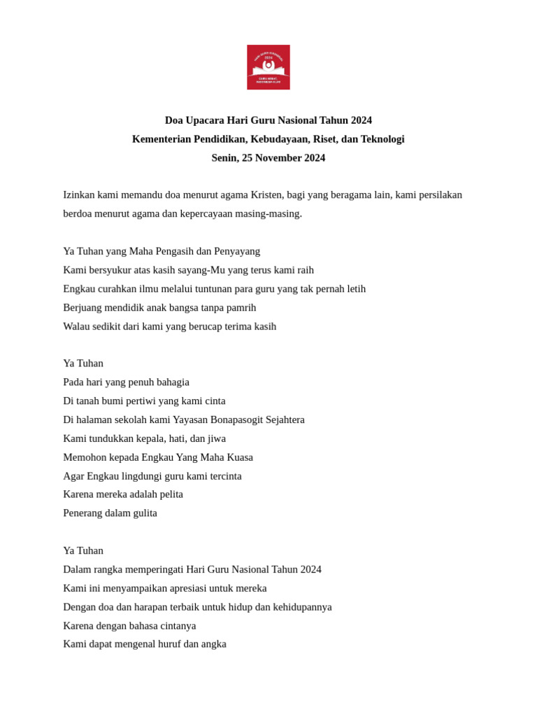 Doa Upacara Hari Guru Nasional Tahun 2024 Pdf