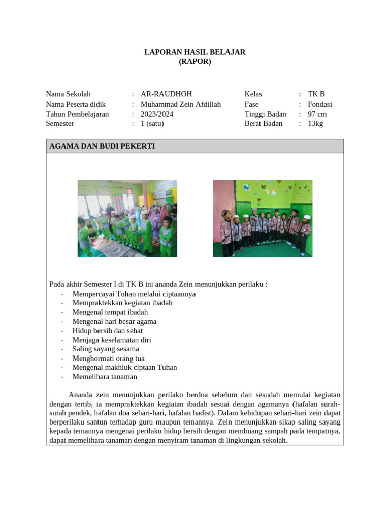 Laporan Hasil Belajar Ar-Raudhoh | PDF