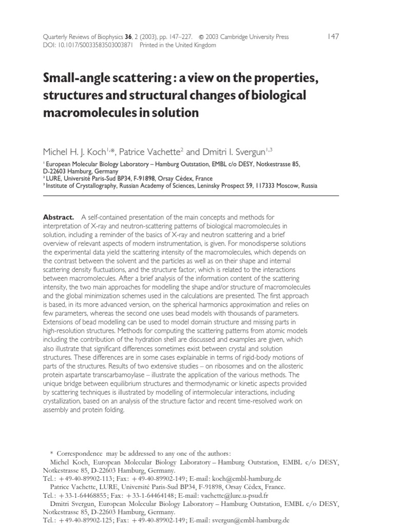 Small-Angle Scattering of Macromolecules | PDF | X Ray Crystallography ...