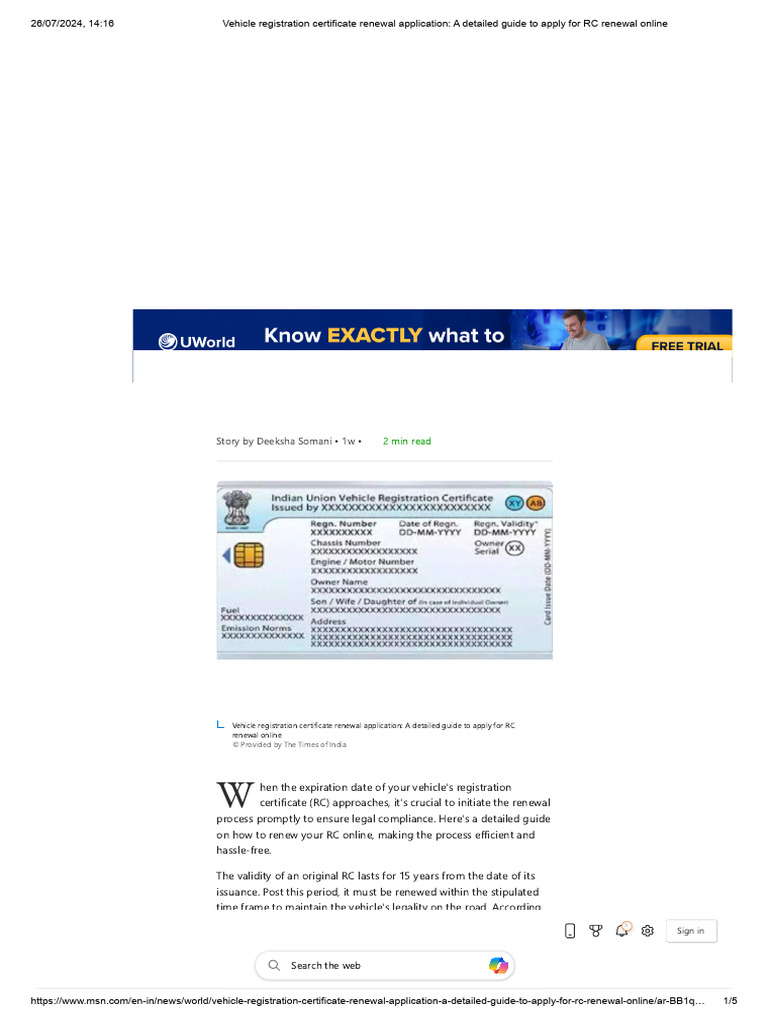 Vehicle Registration Certificate Renewal Application - A Detailed Guide ...