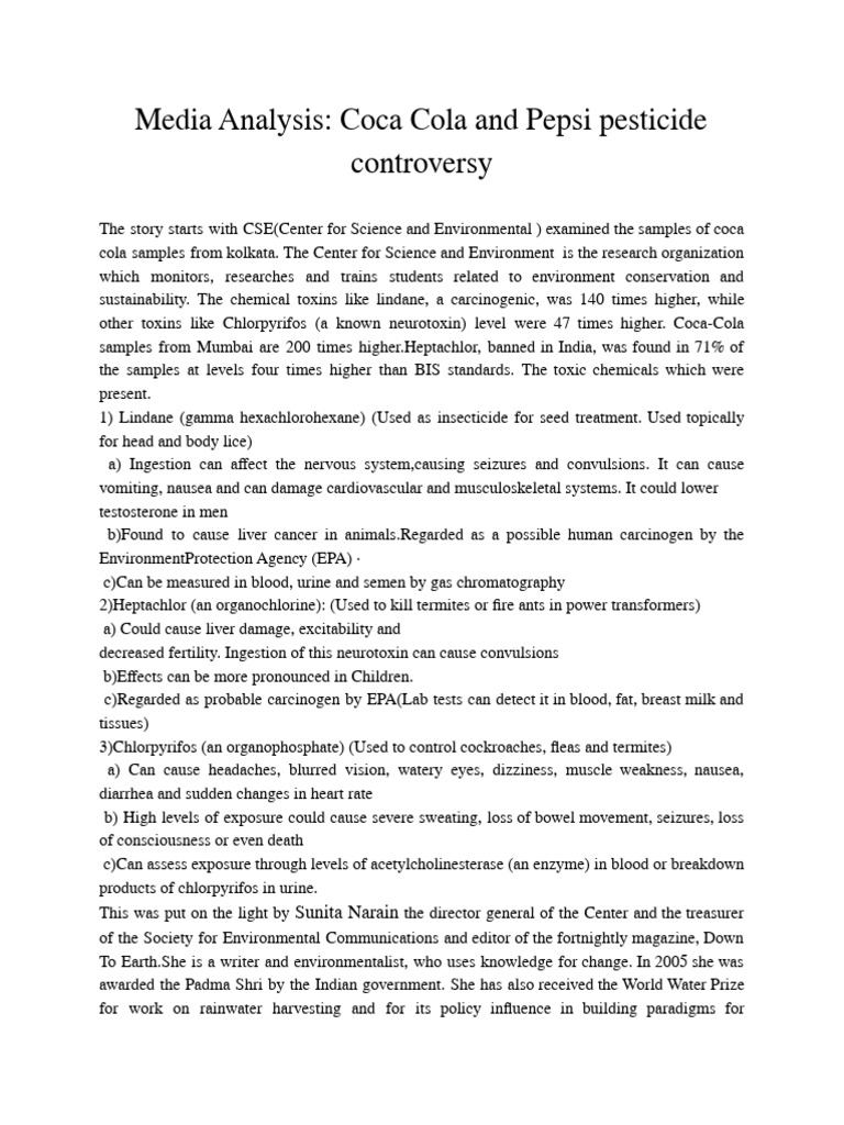 Media Analysis - Coca Cola and Pepsi Pesticide Controversy | PDF | Self ...