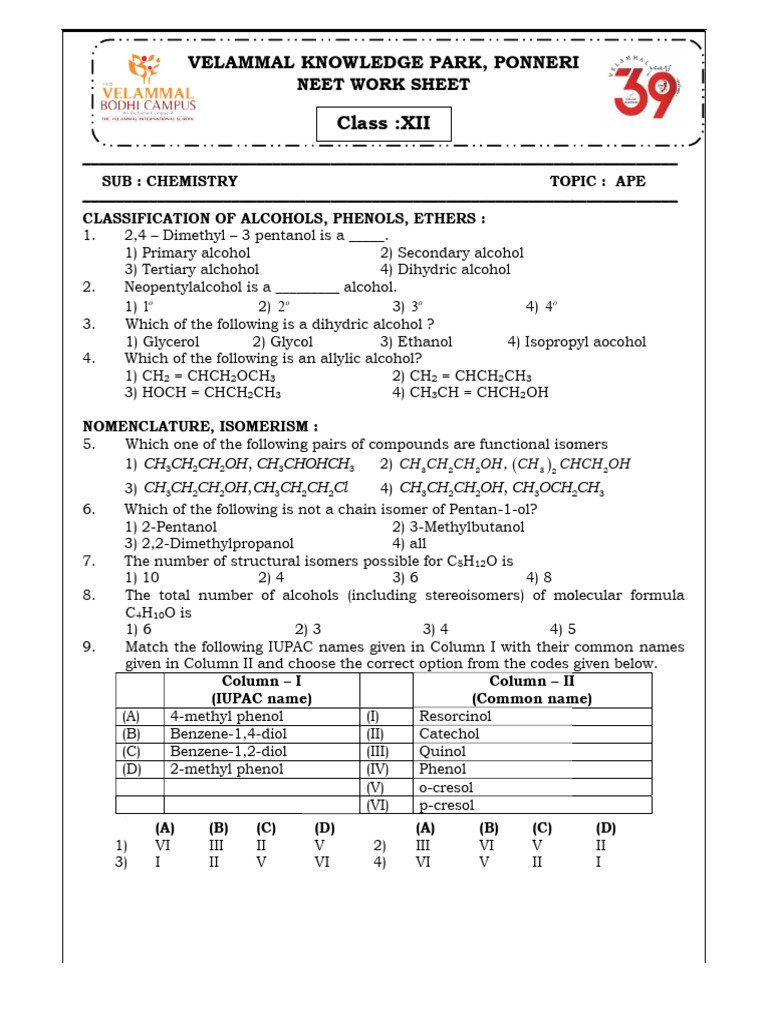 NEET Chemistry Worksheet: Alcohols & Phenols | PDF | Ether | Ethanol