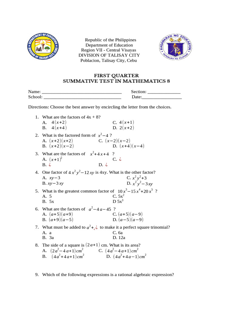 Math 8 First Quarter Summative Test | PDF | Mathematics | Algebra