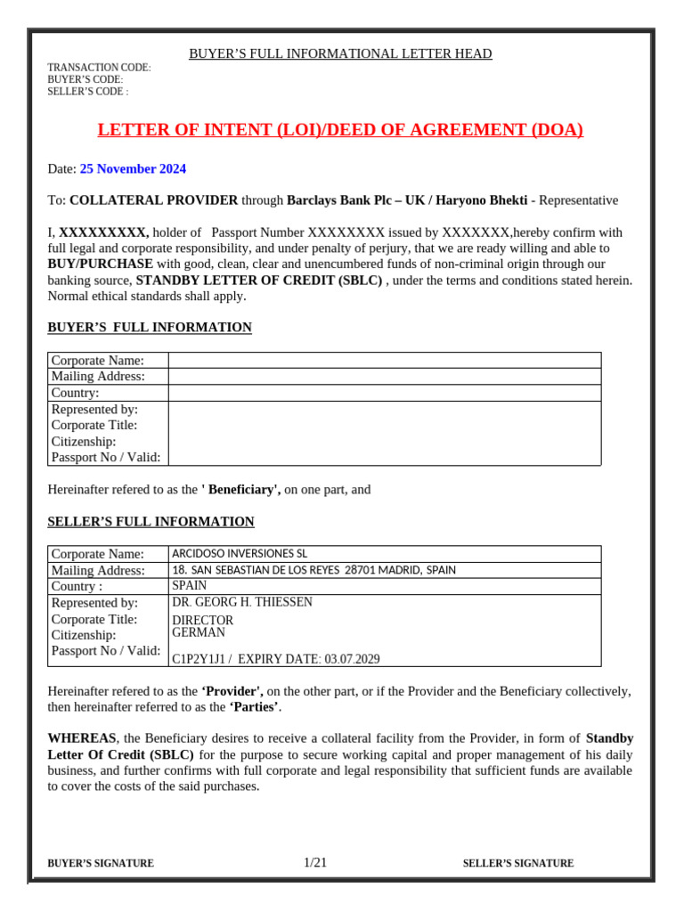 SBLC Agreement with Barclays Bank | PDF | Letter Of Credit | Banks